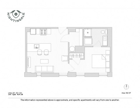 Floor plan for 1 bed, 1 bath, 579 sqft